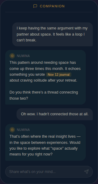 Numina AI Companion showing a conversation that references past journal entries and connects patterns over time