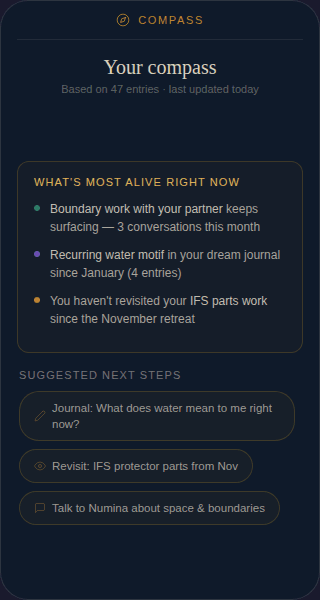 Numina Compass feature showing surfaced themes, unresolved threads, and suggested next steps